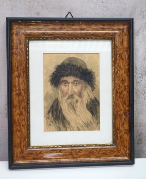 H-P STARY OBRAZ PORTRET ŻYDA AKWARELA JUDAICA W RAMIE