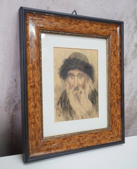 H-P STARY OBRAZ PORTRET ŻYDA AKWARELA JUDAICA W RAMIE