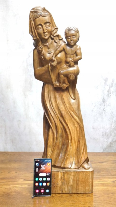 H-P PIĘKNA WYSOKA RZEŹBA FIGURA MATKI BOSKIEJ z DZIECIĄTKIEM 84cm 1965