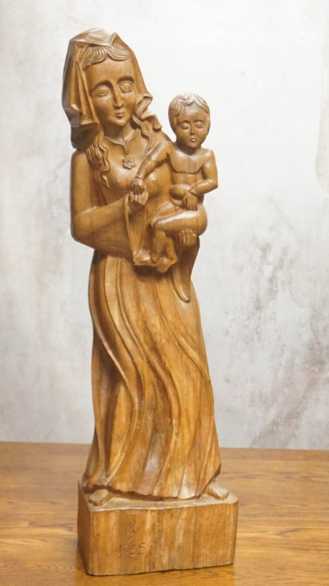 H-P PIĘKNA WYSOKA RZEŹBA FIGURA MATKI BOSKIEJ z DZIECIĄTKIEM 84cm 1965