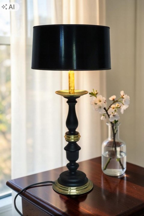 H-P STYLOWA LAMPA STOŁOWA VINTAGE DREWNO MOSIĄDZ CZARNA